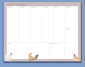May include: A weekly planner with a light purple background and a blue border. The planner has sections for each day of the week, notes, and things to do. Watercolor illustrations of chickens are at the bottom.