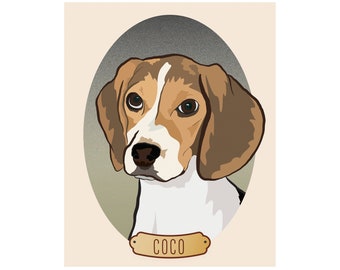 May include: A digital illustration of a Beagle dog with brown and white fur, set against a neutral background. The dog's portrait is framed within an oval shape, and a name tag at the bottom reads "COCO".