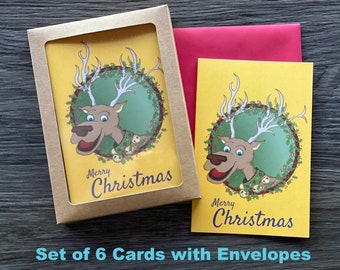 Cute Reindeer Christmas Greeting Card, May Your Holiday Season Be Merry and Bright, Holiday Card Set of 6 Cards