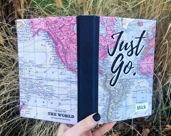 Travel Journal, Adventure Journal, Travel Journal with Pocket, Handlettered Map, Just Go, traveler's journal, personalized