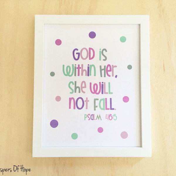 Girl Scripture Wall Art, God is within her, She will not fall, Christian Printable, Purple Nursery Decor, Teen Room Decor, Polka dots 8x10.