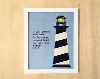 Nautical wall decor. Let your light shine. Matthew 5:16 Bible Verse Wall Art. Lighthouse scripture Art. Christian art. Nautical printable.