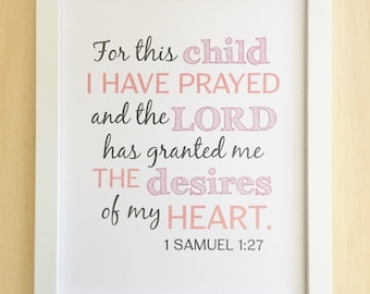 Pink Nursery Bible Verse Art, "For This Child I Prayed" (Digital Print 8x10)