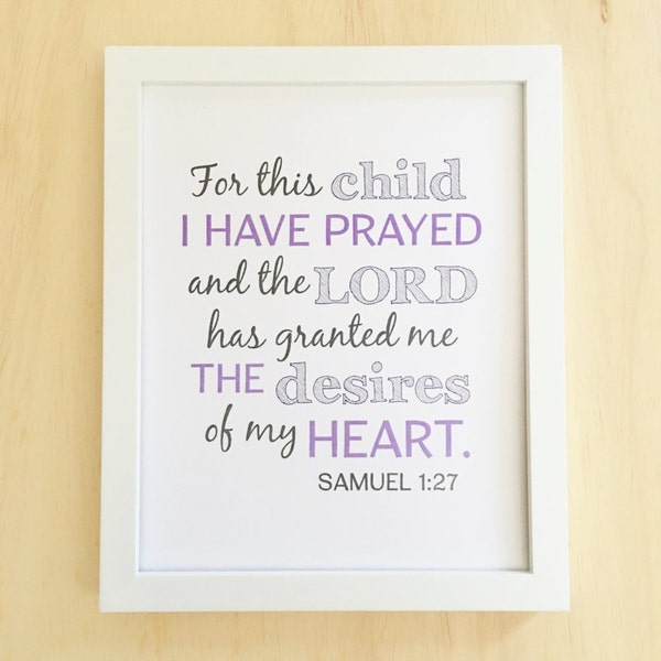 Christian Wall Art, For This Child I Have Prayed, Baby Art Printable, Baby Room Decor, Kids Scripture Art, Purple Gray Nursery Print, 8x10.