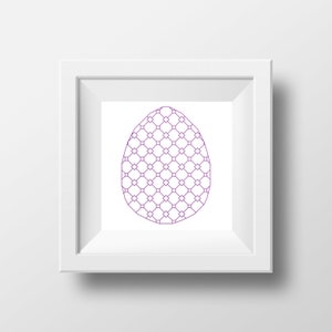 May include: A framed print featuring a purple geometric egg design. The egg shape is filled with a repeating pattern of squares and lines. The artwork is displayed in a white frame, creating a clean and modern aesthetic.
