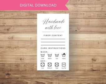DIGITAL DOWNLOAD Handmade with Love Printable Care Cards with Care Symbols