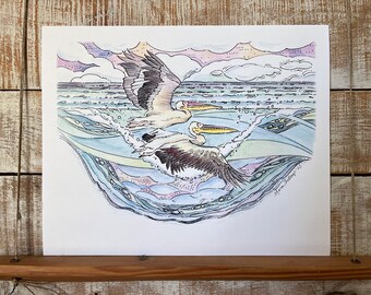 Pelicans In Flight Within Ocean Energy