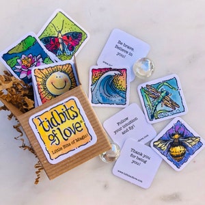 Tidbits of Love Box of 40 little cards, watercolor art & inspiring kind words on the back and a few left blank. Each one creates a smile image 1