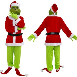 May include: A green and red Grinch costume with a Santa hat. The costume includes a red jacket with white trim, green pants, and green gloves. The Grinch is wearing a Santa hat with a white pom-pom.