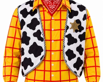 Men’s Cowboy Costume 4 Piece Set, Yellow Western Shirt, Cow Print Vest, Red Bandana & Star Badge, Adult Halloween Outfit