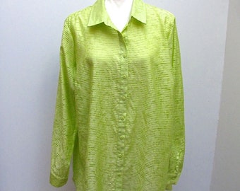 Coldwater Creek Button Front Blouse Lime Green Lace Long Sleeved Rayon Women’s Size 1X/18