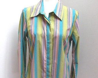 Susan Bristol Button Front Blouse Green Pink & Turquoise Striped Cotton/Spandex Women's Size M