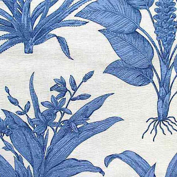 Blue and White Floral Linen Fabric Thibaut Tropical Toile Linen Blend 25x25 Sample Swatch