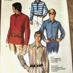 May include: An illustration of four shirts with belts, showcasing vintage fashion. The shirts include a red long-sleeve, a blue and white striped shirt, a blue polka dot shirt, and a striped shirt. The text reads "Waist 29 Teen-Boys".