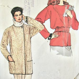 May include: Illustration of two women wearing vintage clothing. One woman is wearing a tan, long-sleeved coat with pockets and a high-collared white sweater. The other woman is wearing a red long-sleeved top with a belt. The image is a pattern for sewing.