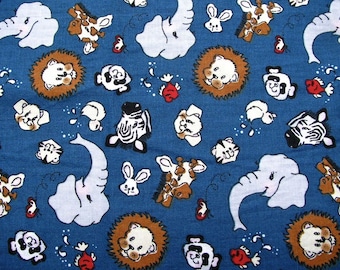 Childrens Novelty Print Cotton Fabric Country Blue Zoo Animal Faces 1 yard