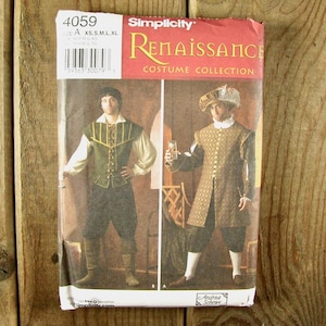 May include: A Simplicity Renaissance Costume Collection sewing pattern envelope, number 4059, featuring two historical costume designs. The left shows a green vest and white shirt, while the right displays a patterned brown doublet and white shirt.