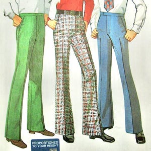 May include: Image of three pairs of flared pants in green, plaid, and blue. The green pants are solid, the plaid pants have a brown and white pattern, and the blue pants are a solid color. The image includes the text "PROPORTIONED TO YOUR HEIGHT".