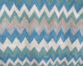 Vintage Stretch Knit Fabric Blue and Green Chevron Ripple Striped 1 3/4 Yard Piece 58" Wide