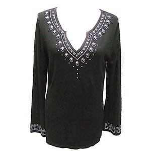 Black Knit Top: Silver Embroidered Rayon Boho Sweater, Women&#39;s Small