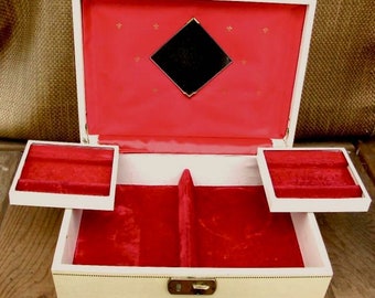 Vintage Beige Vinyl Jewelry Box Red Velvet Interior Mirrored with Swing Out Trays