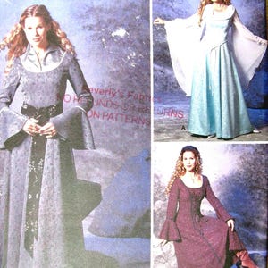 May include: A sewing pattern featuring three medieval-style gowns. The gowns are in shades of blue, purple, and white, with long sleeves and flowing skirts. The pattern includes details for creating historical costumes.