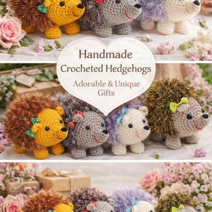 Może przedstawiać: Ręcznie robione szydełkowe jeże w kolorze żółtym, szarym i lawendowym. Każdy jeż ma uśmiechniętą twarz, małą kokardkę i jest otoczony kwiatami. Tekst brzmi "Ręcznie robione szydełkowe jeże, urocze i unikalne prezenty."