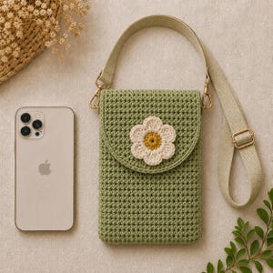 Crochet Phone Bag Pattern with Flower, Cotton Macrame Crossbody Bag, Beginner PDF, Digital Download