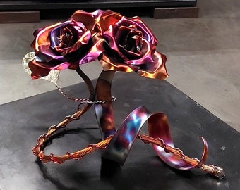 Unique Copper Roses "Us" #1661H Valentines Mothers Day Christmas Anniversary Wedding Housewarming Steampunk Flower Sculpture Metal Art Gift