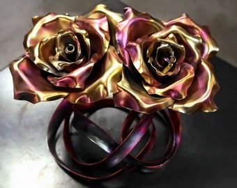 Handcrafted Copper Rose Pair Tie the Knot #1646Re Artisan Dual Metal Flower Sculpture 7th Anniversary Gift Romantic Tabletop Art