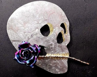 Gothic Sugar Skull Metal Wall Art (Silver Suitor) #1766e Upcycled Vintage Silver Plate Steampunk Calavera Decor