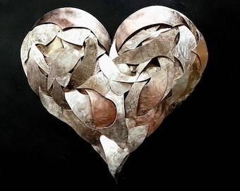 Silver Metal Wall Art Heart #1929 VTG Steampunk Valentines Housewarming Anniversary Christmas Gift Patchwork Romantic Whimsical Maximalist