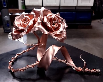 Solid Copper Us Rose Sculpture #1661H Standing Dual Metal Flower Art 7th Anniversary Gift Romantic Forever Blossoms Keepsake
