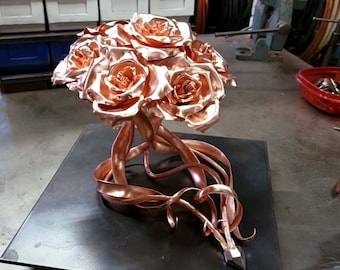 Copper Rose 7th Anniversary Bouquet #1839 Handcrafted Metal Art Flower Sculpture 7 Year Traditional Gift for Her or Couples Floral Keepsake