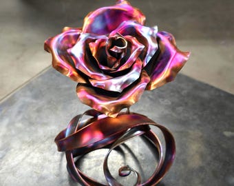Solid Copper Rose Ribbon of Love #1687 Handcrafted Metal Flower Sculpture 7th Anniversary Romantic Tabletop Keepsake Art Gift