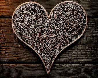 Steampunk Copper Wire Coil Heart #1584 Maximalist Metal Wall Art Heavy Industrial Architectural Decor