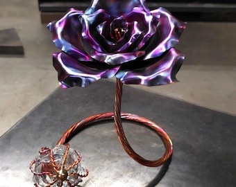 Freestanding Copper Infinity Rose Sculpture #1989 Wire Wrapped Crystal Metal Botanical Art 7th Anniversary Gift Romantic Tabletop Flower