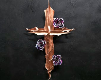 Copper 'Serenity' Cross with Roses Metal Wall Art Home Decor Housewarming Birthday Anniversary Mothers Day Valentines Christmas Gift Bespoke