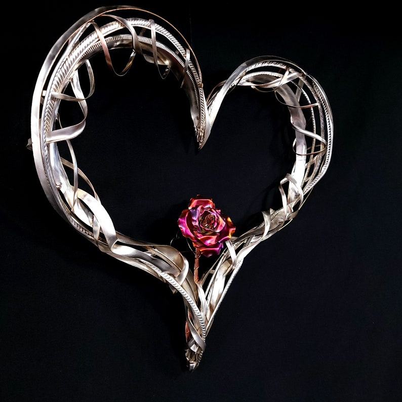 Copper Metal Wall Art Heart Coil Silver Plated Peace Sign Hippie Boho Home Decor Hanging MCM Steampunk Flame Fire Natural Metallic Handcrafted Handmade USA Love Family Valentines Christmas Birthday Dorm Bedroom Graduation Art Anniversary Modern Style