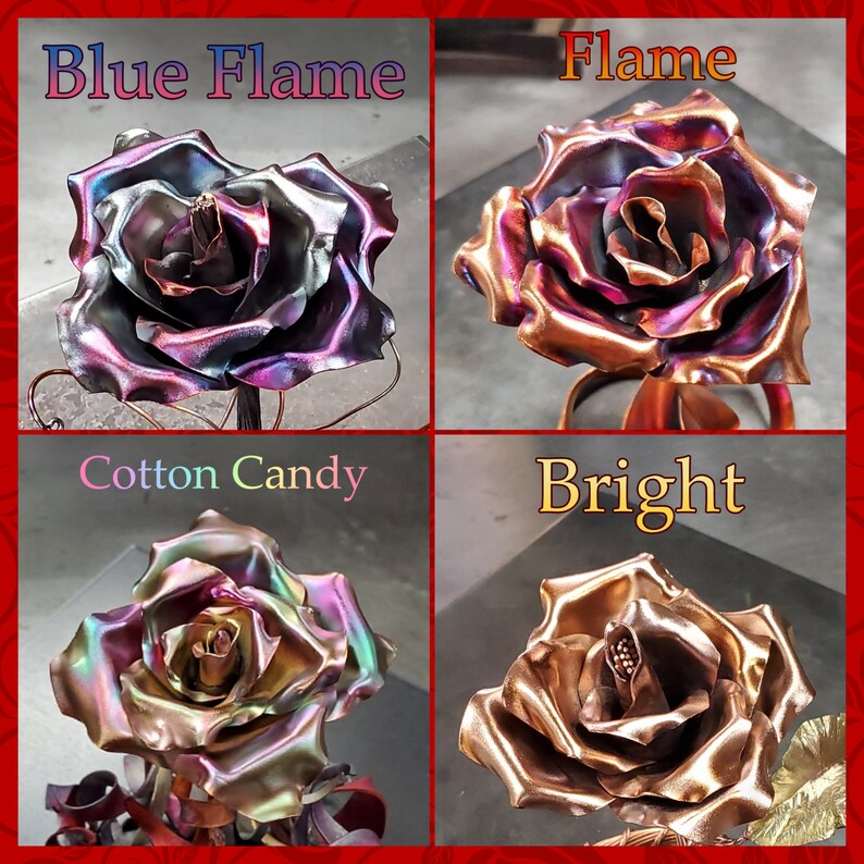 May include: Four metal roses with different iridescent finishes. The roses are labeled "Blue Flame", "Flame", "Cotton Candy", and "Bright".