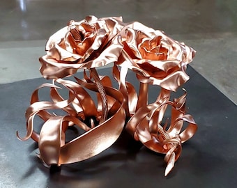 Solid Copper Eternal Rose Sculpture #1763 Standing Metal Flower Art 7th Anniversary Keepsake Gift Handcrafted Romantic Floral Home Decor