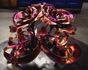 Solid Copper Unity Rose Sculpture #1849 Standing Dual Metal Flower Art 7th Anniversary Gift Romantic Forever Blossoms Steampunk Keepsake