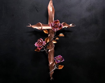Copper Cross with Roses Metal Wall Art #2093 Religious Industrial Décor Artisanal Bespoke Birthday Anniversary Mothers Day Christmas Gift