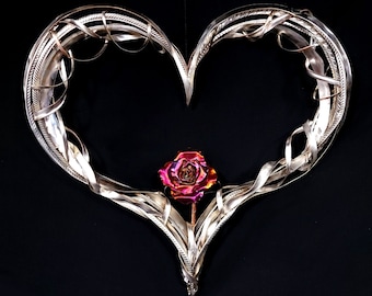 Silver Plated Metal Heart Wall Art with Copper Rose Artisanal Bespoke