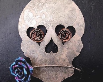 Gothic Sugar Skull Metal Wall Art (Tragedy) #1625e Upcycled Vintage Silver Plate Steampunk Calavera Altar Art