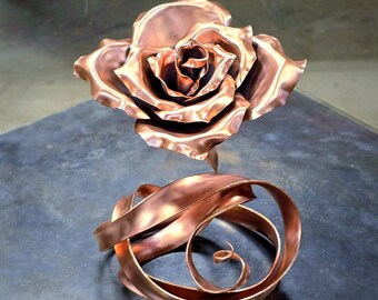 Handcrafted Copper Rose Ribbon of Love #1687e Artisan Metal Flower Sculpture Romantic 7th Anniversary Tabletop Home Decor
