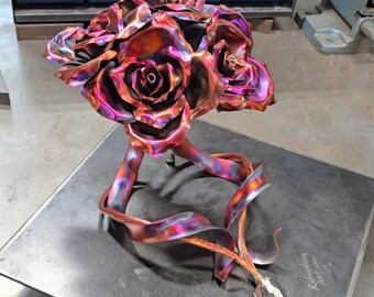 Handcrafted Copper Rose Bouquet 4 Flowers #1668e Artisan Metal Sculpture 7th Anniversary Gift Family Keepsake Tabletop Centerpiece Decor