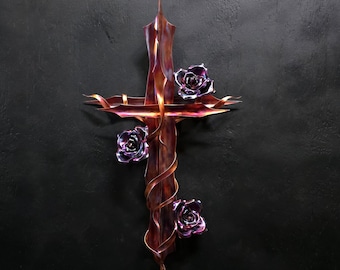 Large Copper Cross with Roses Metal Wall Art (Serenity) #2085e Modern Industrial Rustic Wall Sculpture