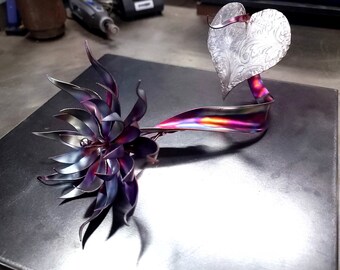 Steampunk Copper Flower Sculpture Desire #1655 Handcrafted Gothic Metal Floral Art Silver Plated Heart 7th Anniversary Keepsake Gift
