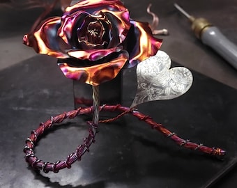 Solid Copper Rose I Love You #1562H Handcrafted Metal Flower Vintage Silver Heart 7th Anniversary Romantic Keepsake Sweetheart Gift